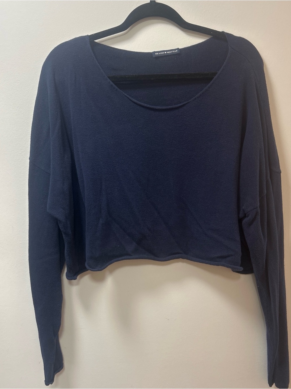 Brandy Melville Navy Cropped Long-Sleeve Scoop Neck Top
